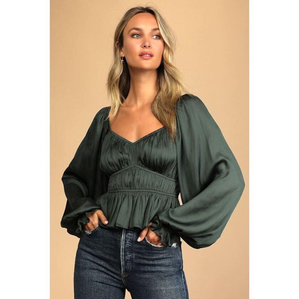 Lulus Sophisticate Dark Green Satin Ruched Long Sleeve Top - Size S